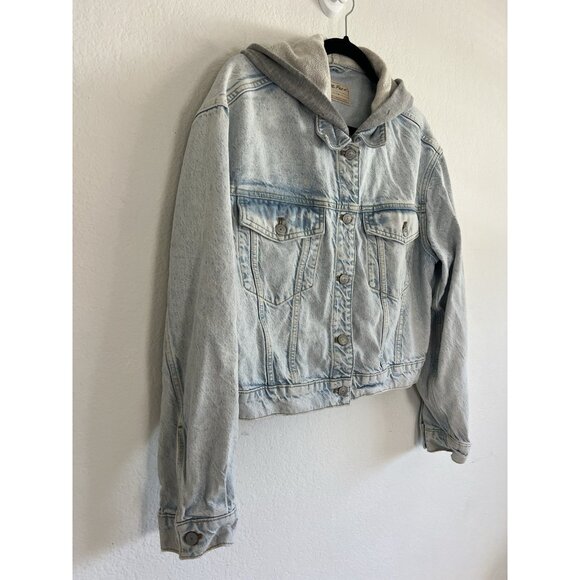 Free People Brando Denim Jean Jacket Hoodie in Malta Wash Women’s Size Large - Picture 7 of 10